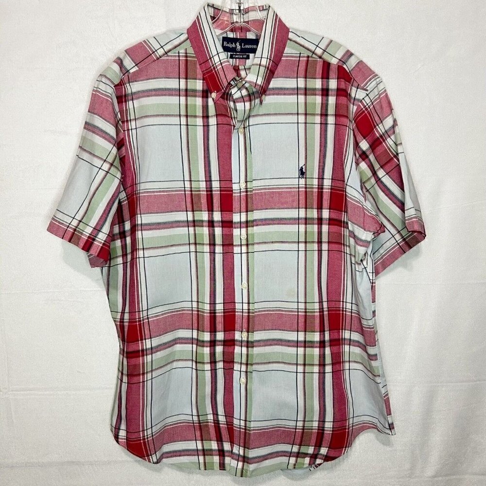 Ralph Lauren Classic Fit Button-Down Short-Sleeve Plaid 100% Cotton Sz L